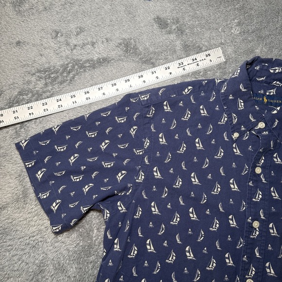 Ralph Lauren Men's SZ S Blue & White Sail Boat Short Sleeve Button Down Shirt - Picture 5 of 15